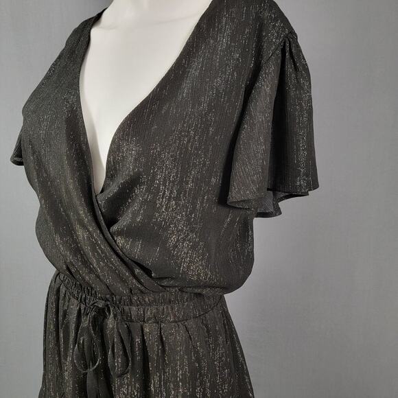 Mi Ami Black Metallic Mini Dress S Flutter Sleeve V-Neck Party - Picture 2 of 9